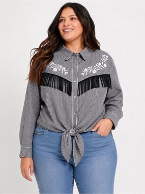 Love & Legend Western Gingham Fringe Embroidered Tie Front Shirt Plus Size 24